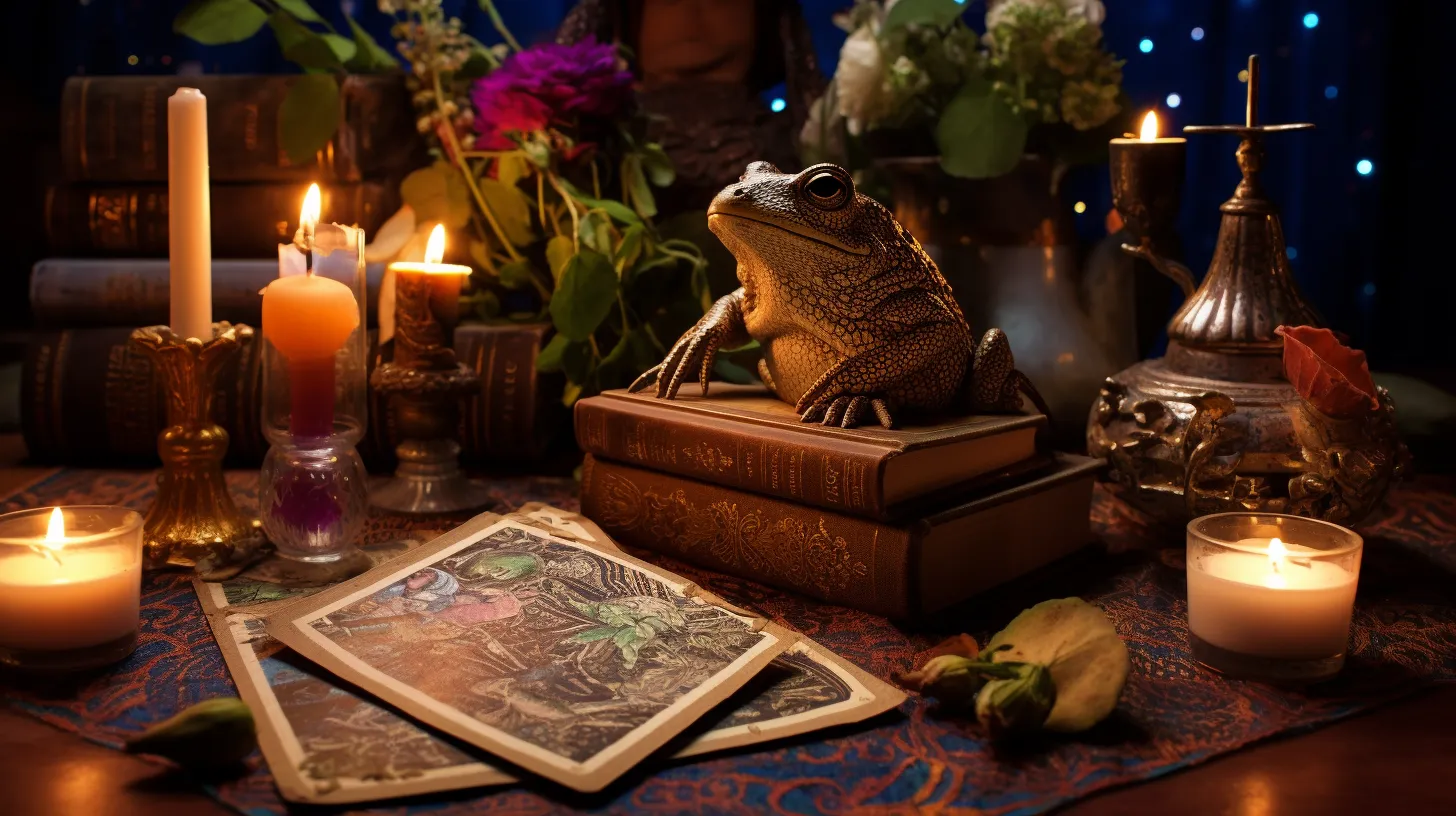A toad sits on a stack of books near candles and flowers.
