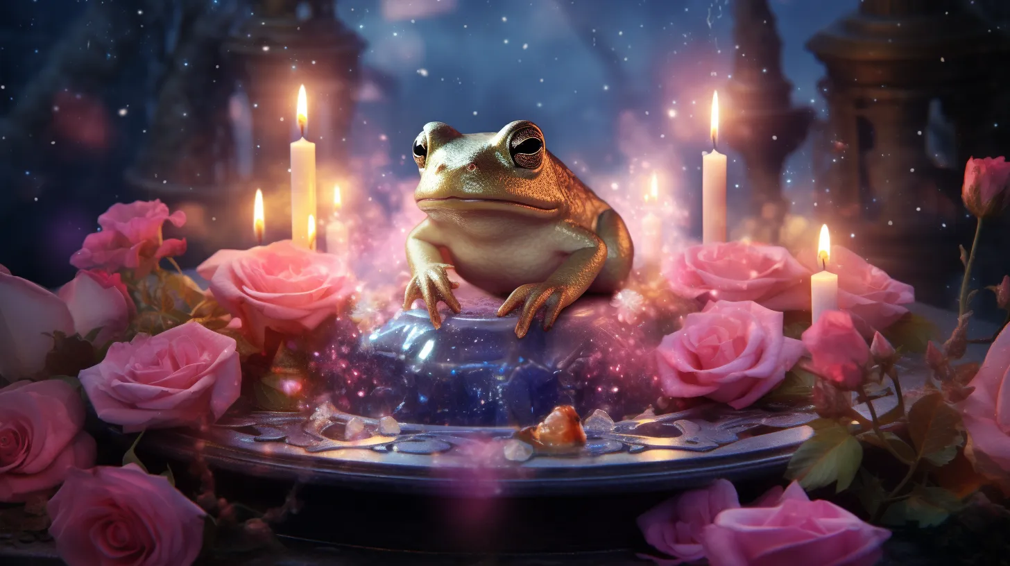 A toad sits in a fountain surrounded by pink flowers and candles.