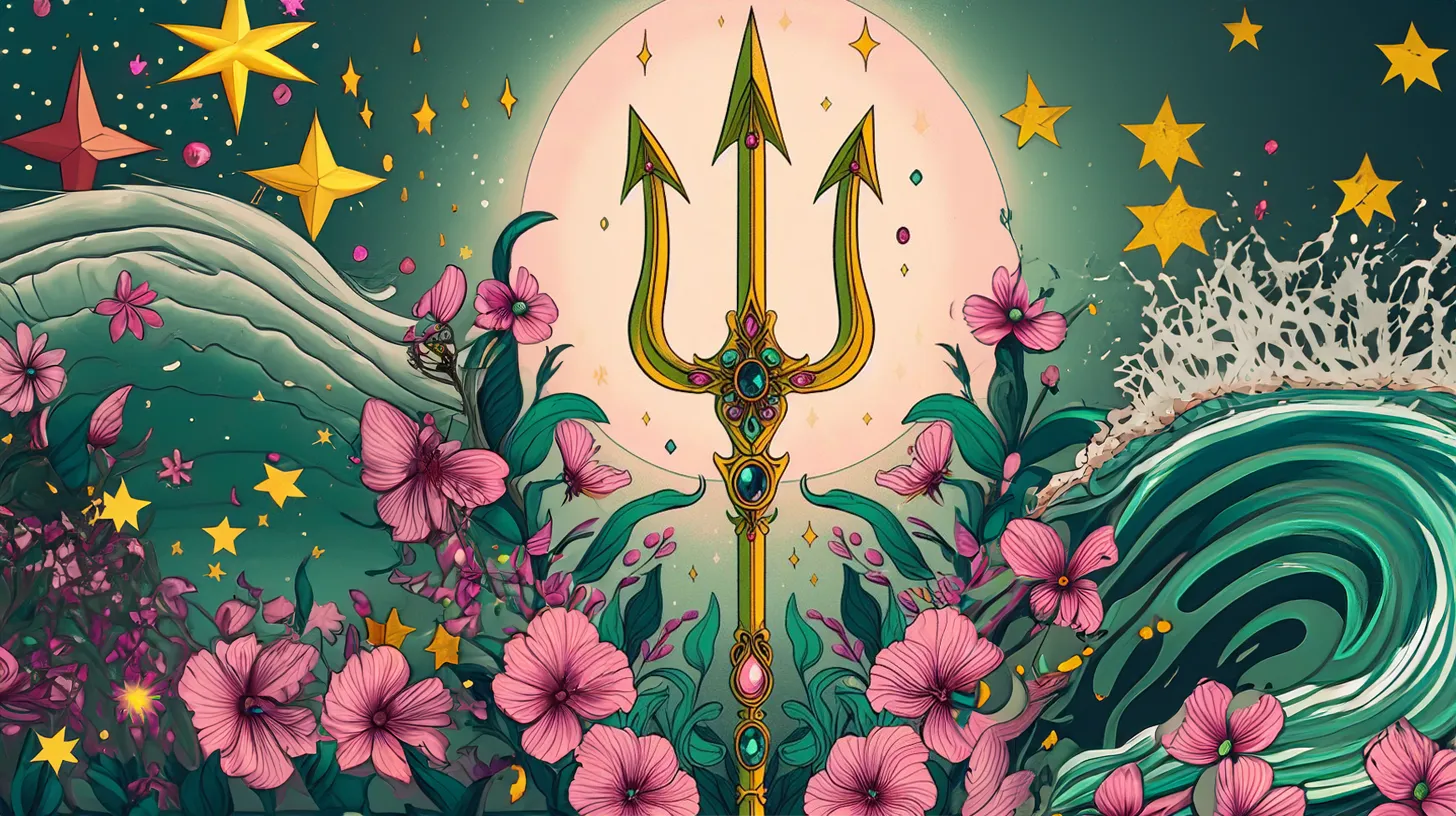 A golden trident shoots up from the sea and is surrounded by pink flowers in front of the moon