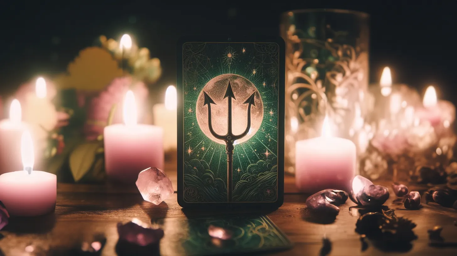 A tarot card of a trident sits in front of pink candles. The card is green and glows only in the candle light.