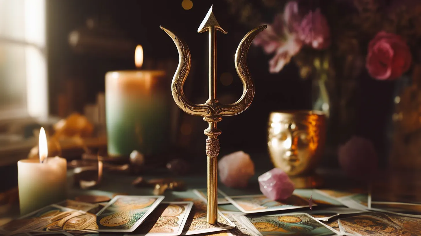 A golden Trident sits on a table covered in tarot cards. There is a mysterious golden mask in the background.