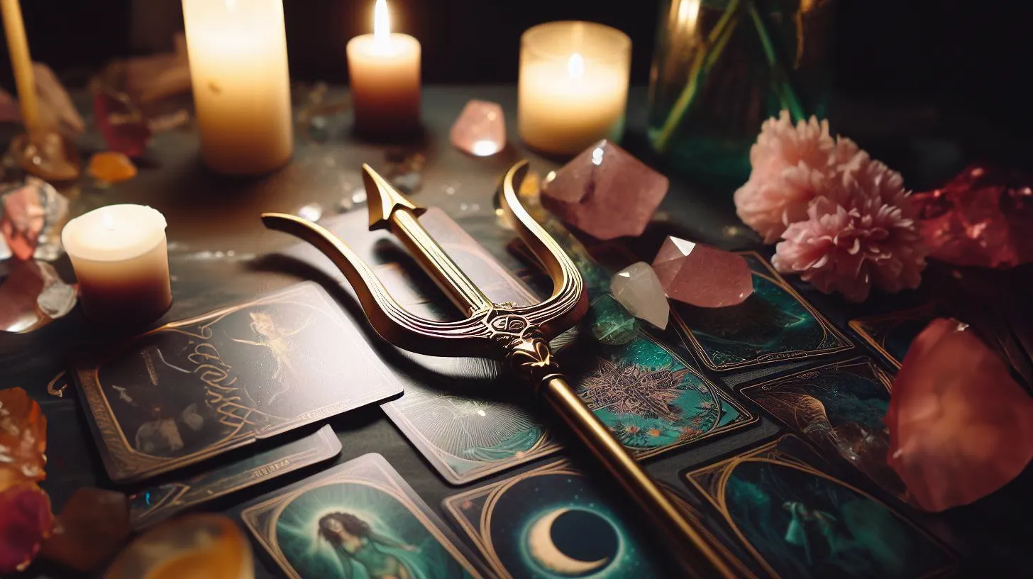 A golden Trident lays on a desk of green tarot cards surrounded by pink crystals and candles.