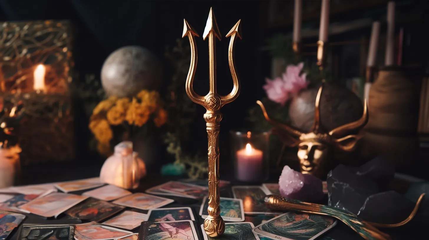 A golden Trident sits on a table covered in tarot cards. There is a mysterious golden horned mask in the background.