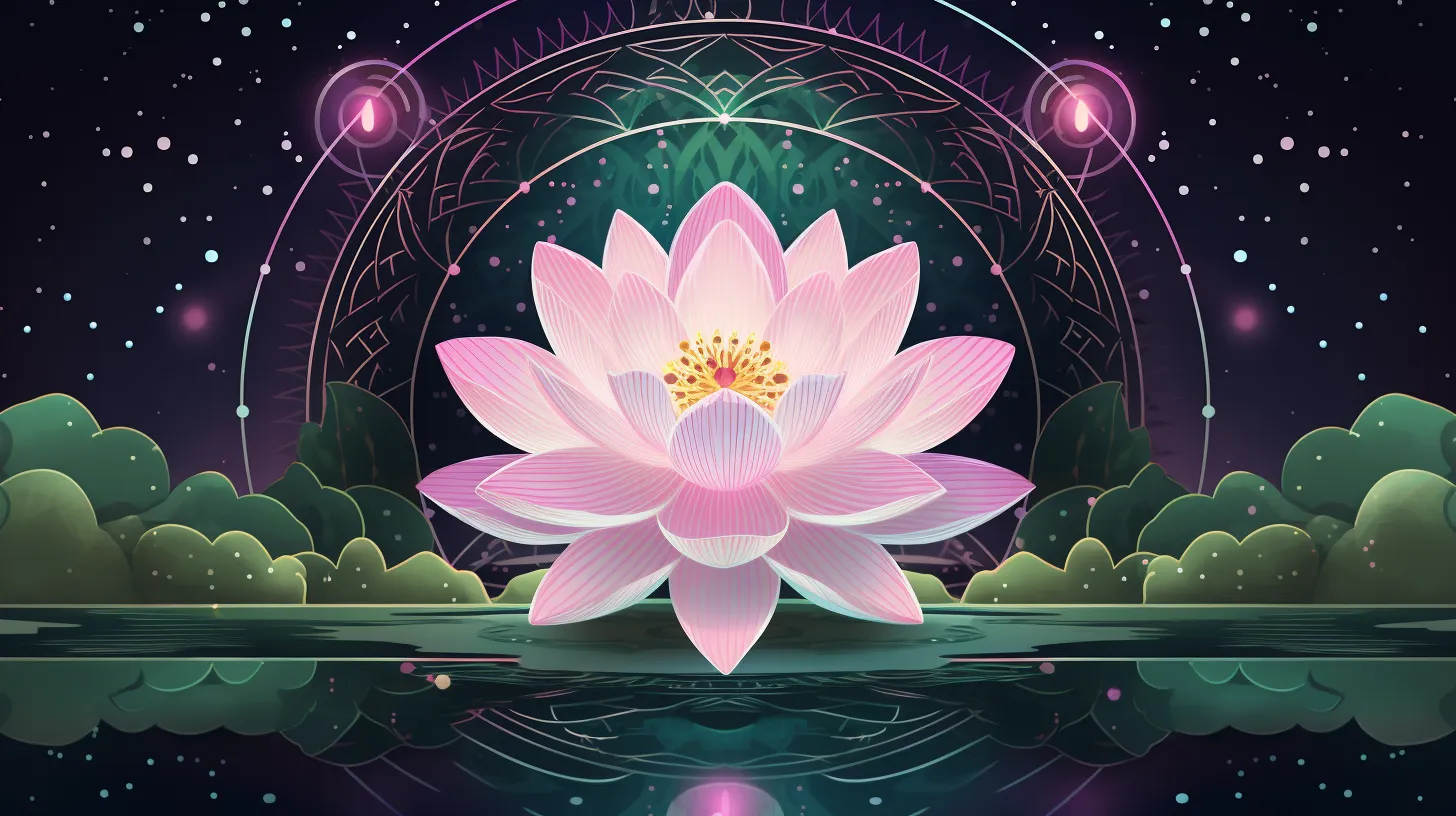 A pink lotus opens in front of the night sky with lights surrounding it