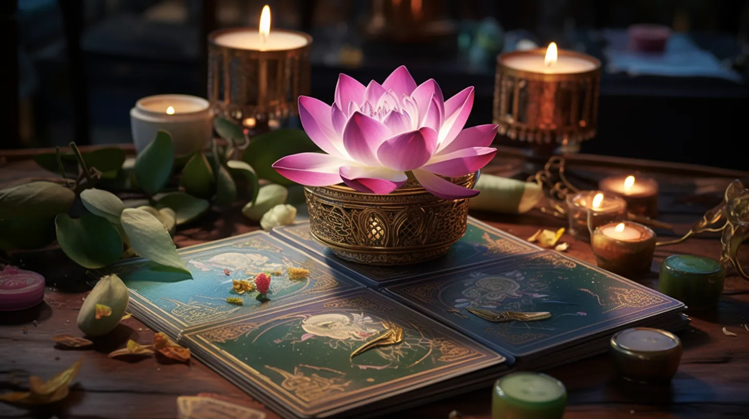 A pink lotus flower in a golden pot sits on a green mat on a table surrounded by candles.