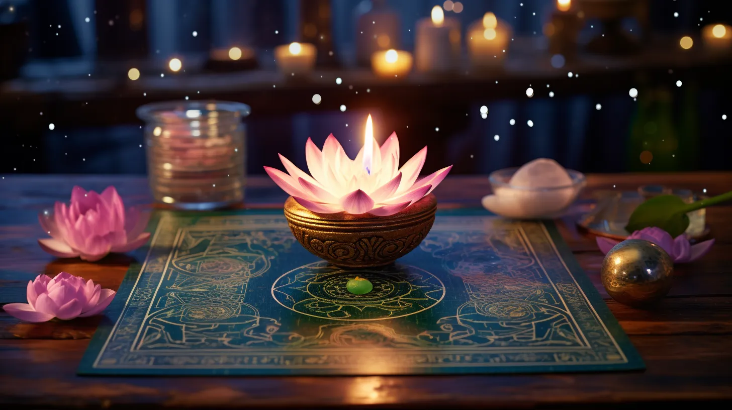 A pink lotus with a flame in the middle of it sits on a green mat covered in golden runes on a table.
