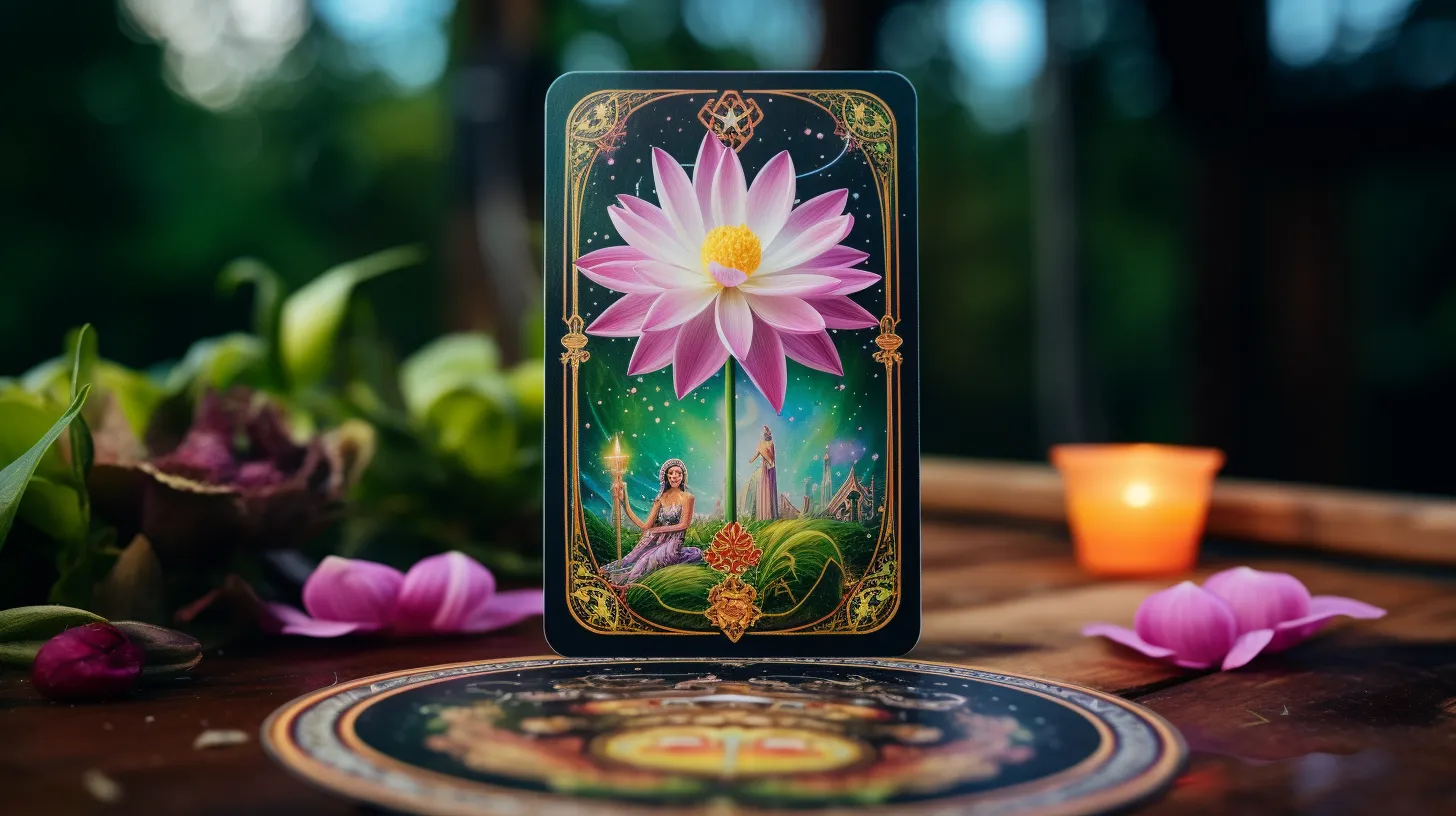A tarot card of a pink Lotus sits on a table surrounded by candles and pink flowers.