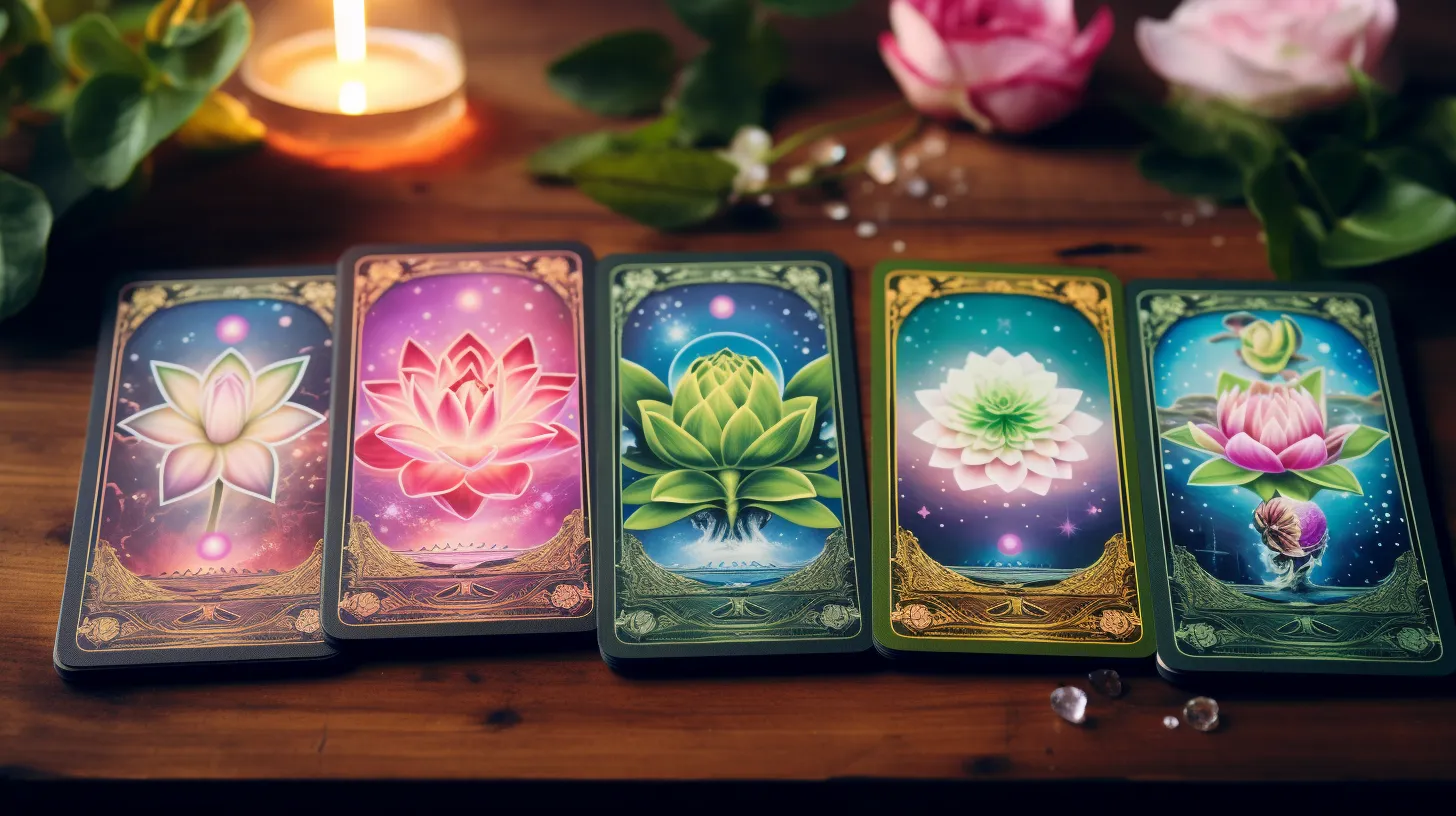 A deck of tarot cards representing the Lotus are all lined up on a desk. They are all different colors. The desk also has pink flowers and candles..