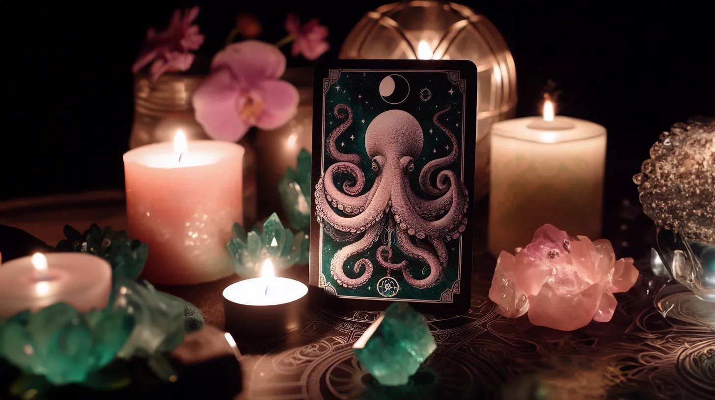 A tarot card of a brooding octopus sitting menacingly on a desk covered in candles and green and pink crystals.