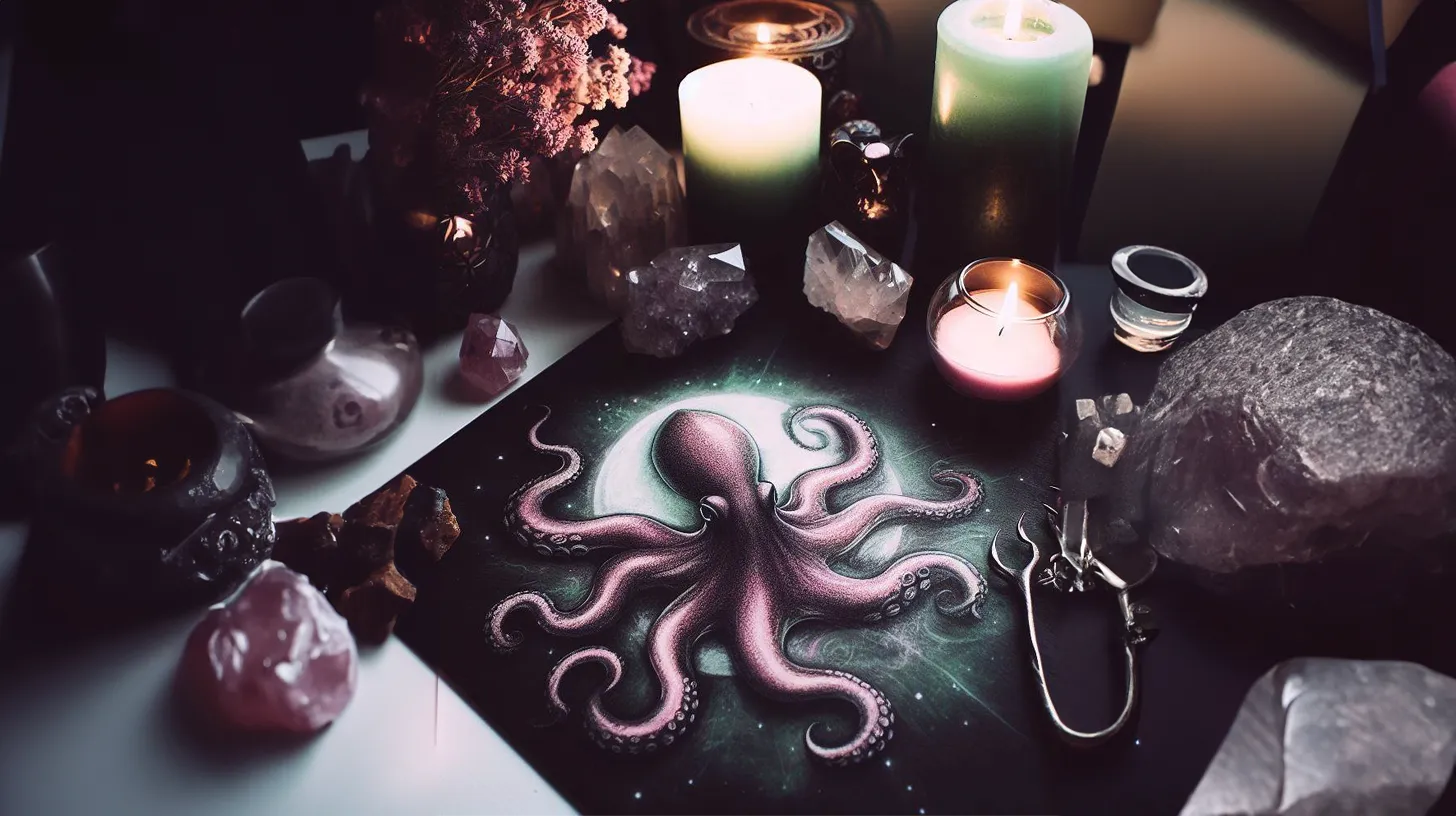 A painting of an octopus sits in a dimly lit room surrounded by crystals and candles.