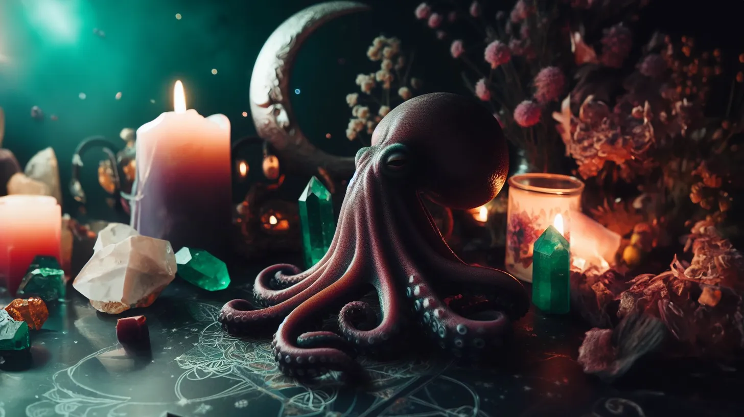 A slimy octopus is on dark green marble surrounded by lit candles and crystals in front of a crescent moon statue.