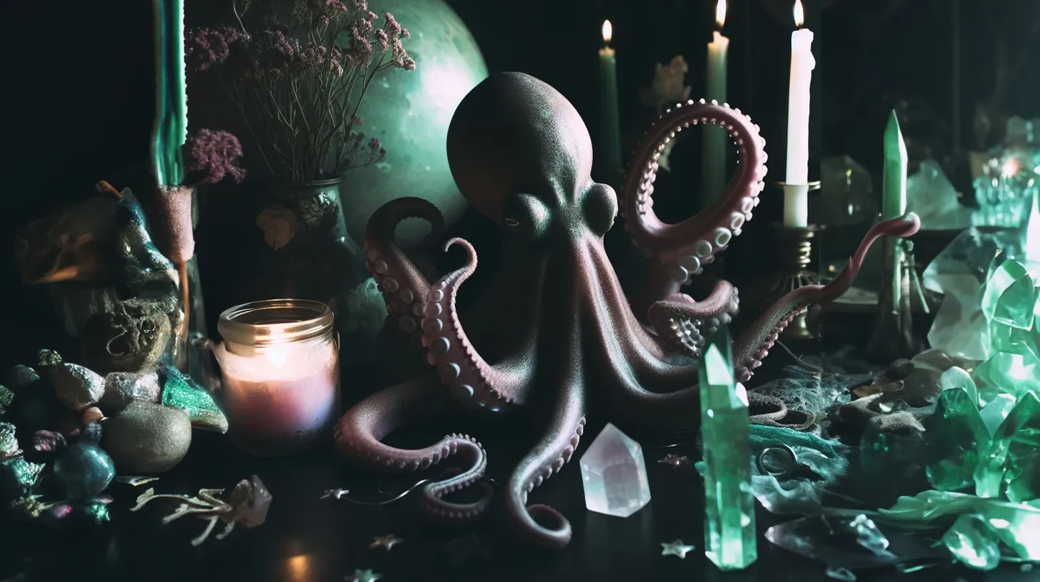 A pink octopus sits on black marble floor surrounded by green crystals and candles.