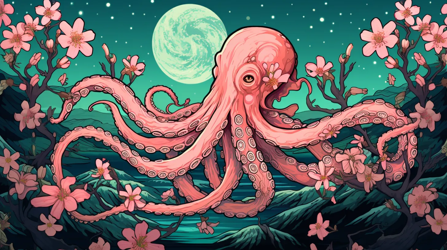 A Pink Octopus is floating above the sea and in a flowering tree in front of the moon