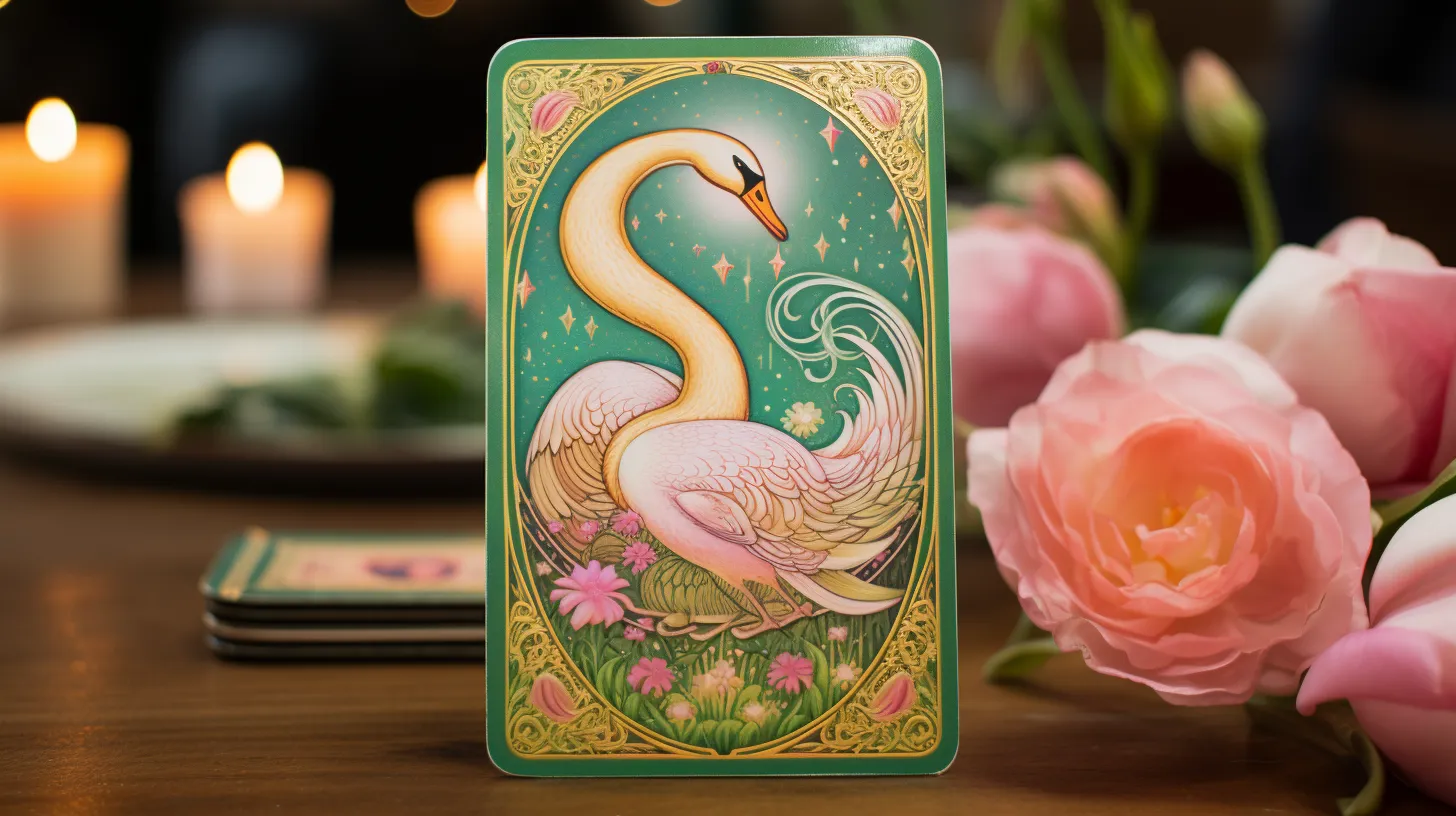 A tarot card of a Golden Swan sits on a table next to pink flowers and candles.