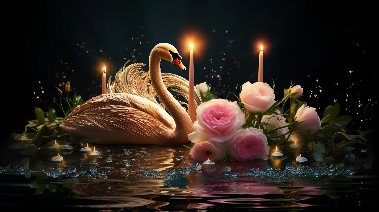 A Golden Swan swims in a dimly lit water surrounded by pink flowers and candles.