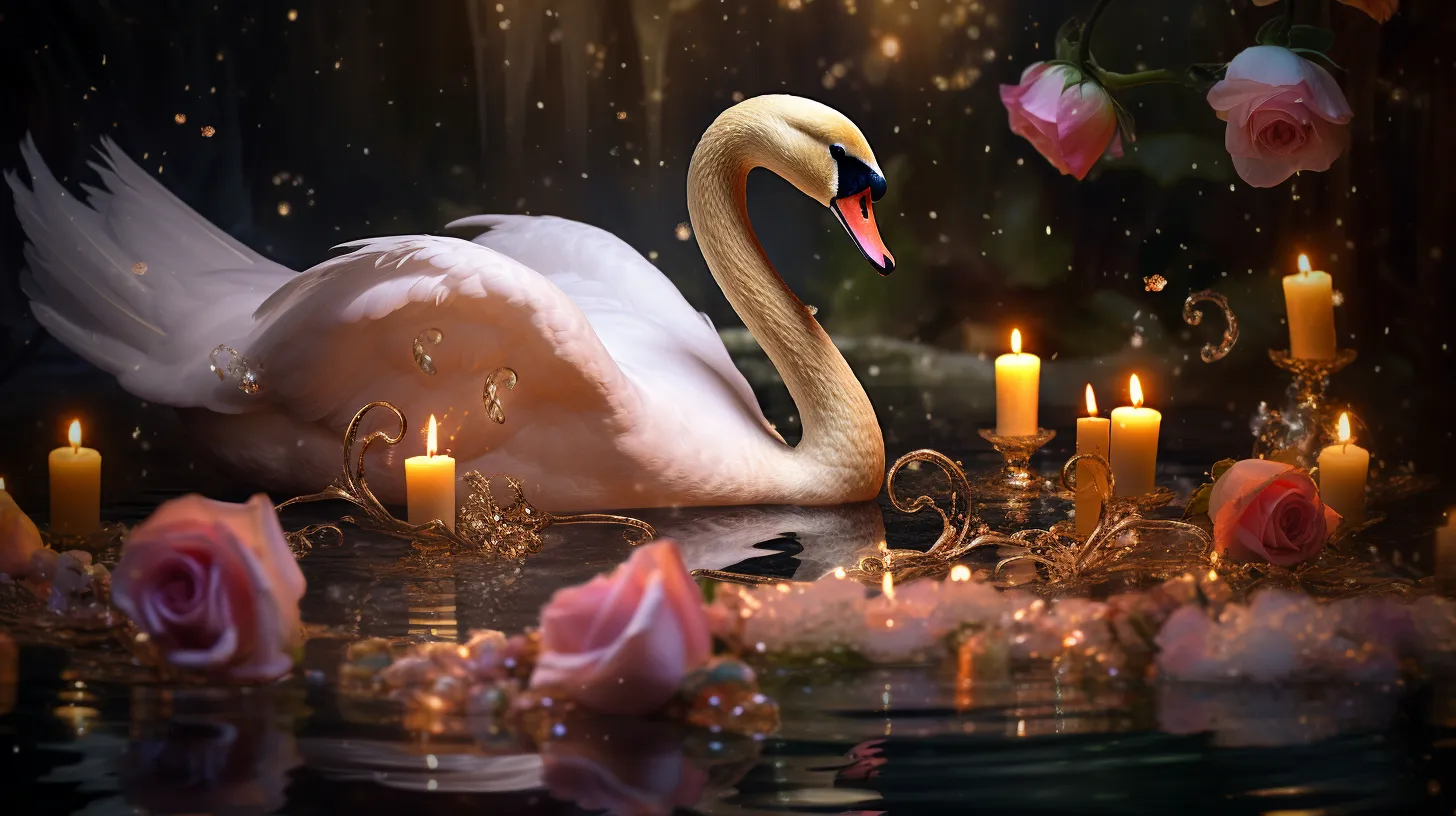 A golden swan sits in a pool of water with pink flowers splashing around lit candles.