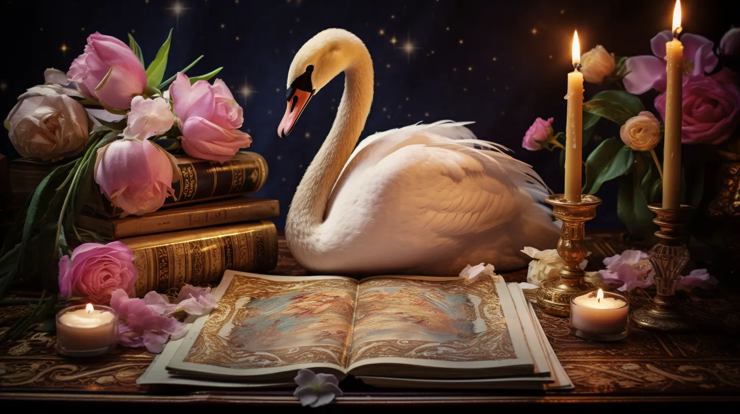 A golden swan sits on a desk behind an opened book near pink flowers and candles.