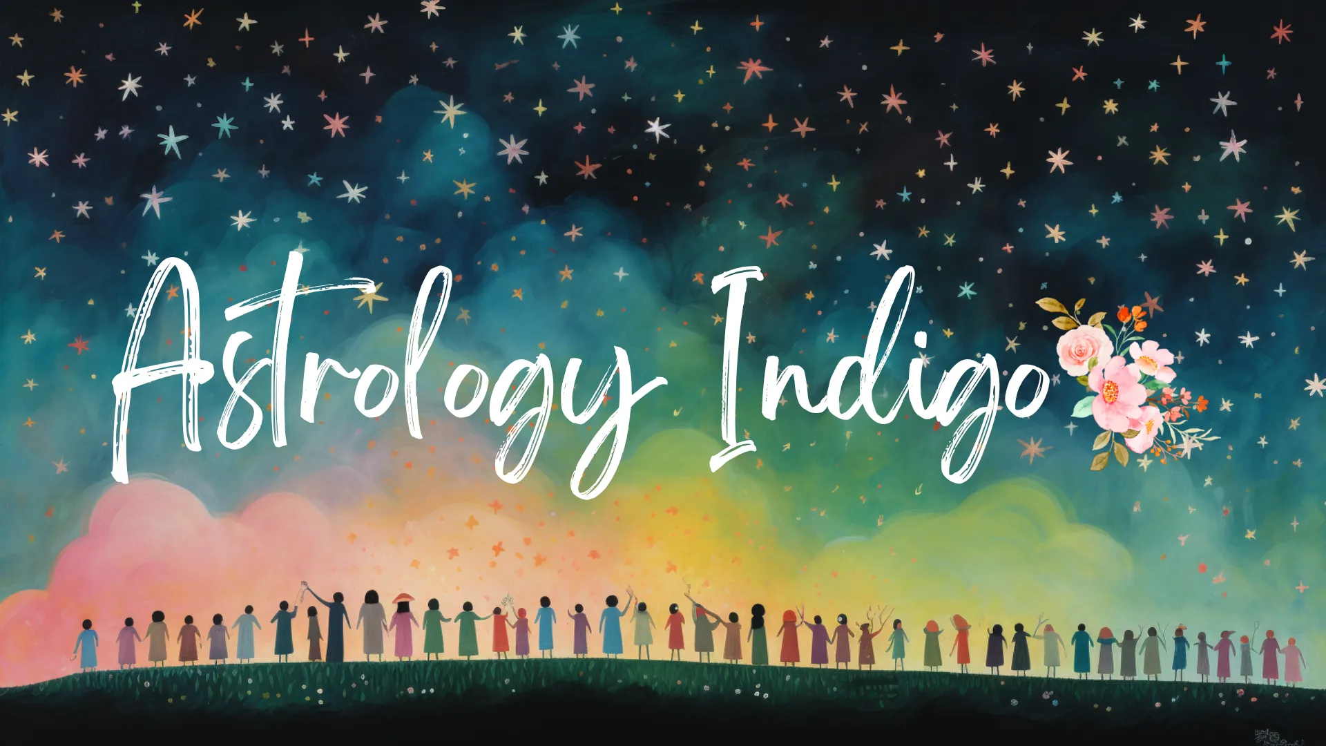 A diverse and inclusive group of humans stand together and gaze up at the stars. It says Astrology Indigo in the stars.