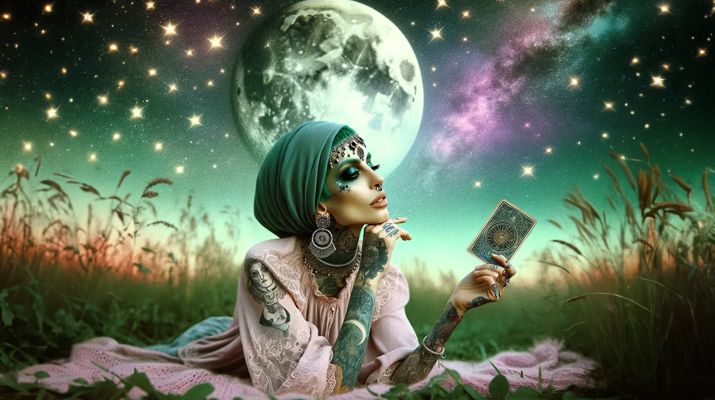 A woman with mystical garb is laying in a field in front of the Full moon holding a tarot card.