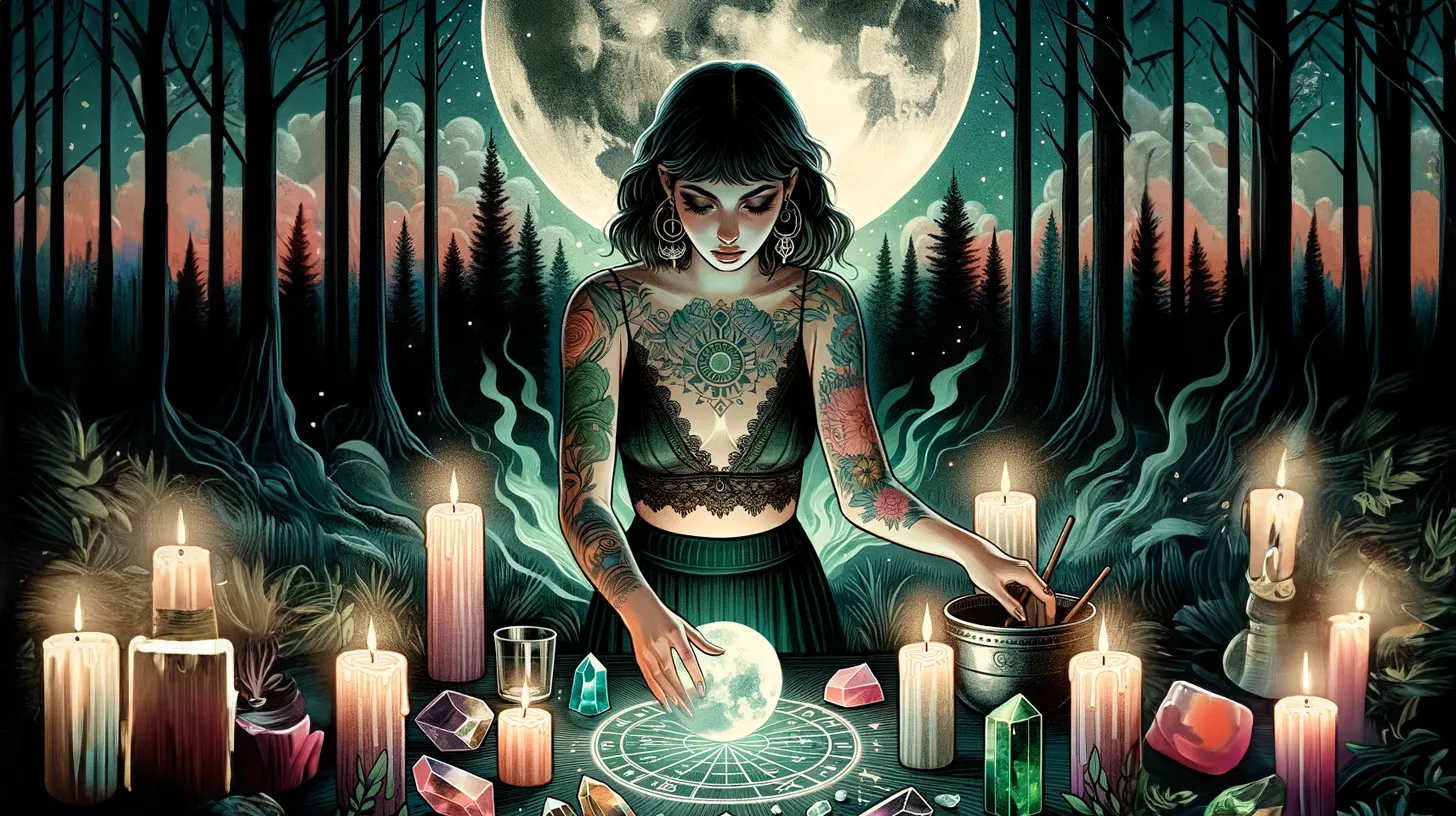 A woman with tattoos is standing in front of the Full Moon at a table and performing a ritual with candles and gems in the forest.