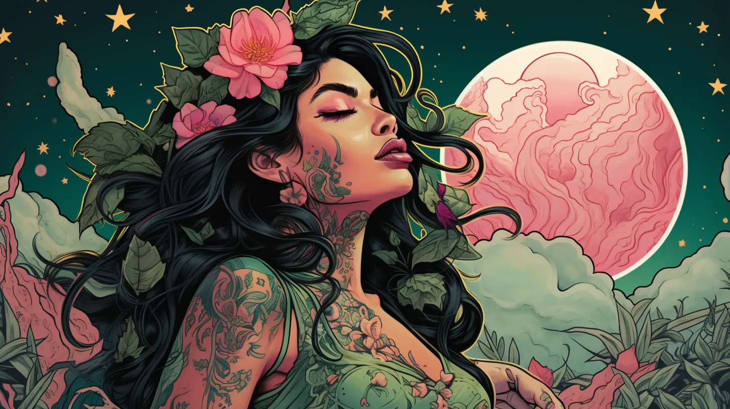 A woman with tattoos wearing green and pink flowers is basking in the light of the Full Moon.