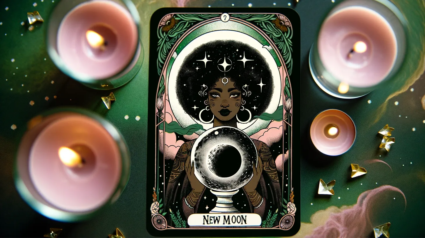 A tarot card representing the New Moon is laying on a table with pink candles.