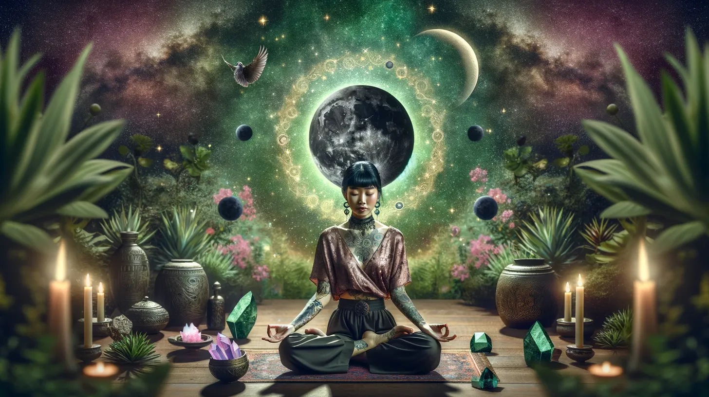 A woman with tattoos is meditating in front of the dark new moon and is surrounded by plants and crystals.