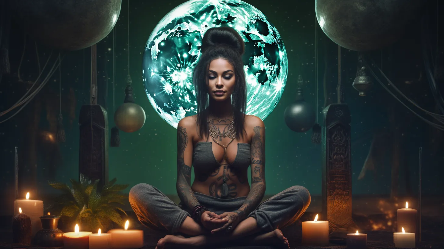 A woman is meditating in front of the Half Moon surrounded by candles.
