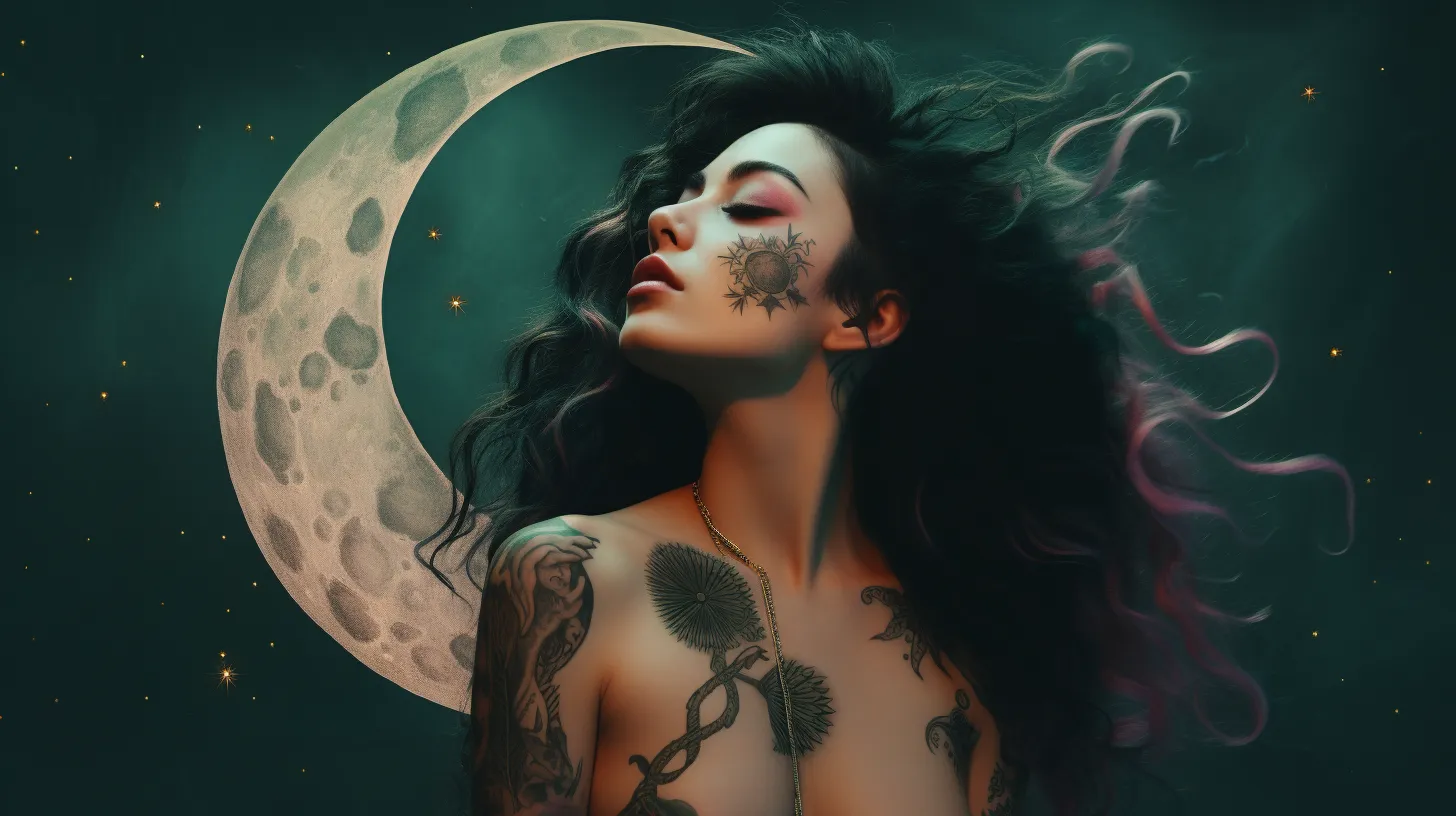 A woman with tattoos is standing in front of the Waning Crescent Moon.