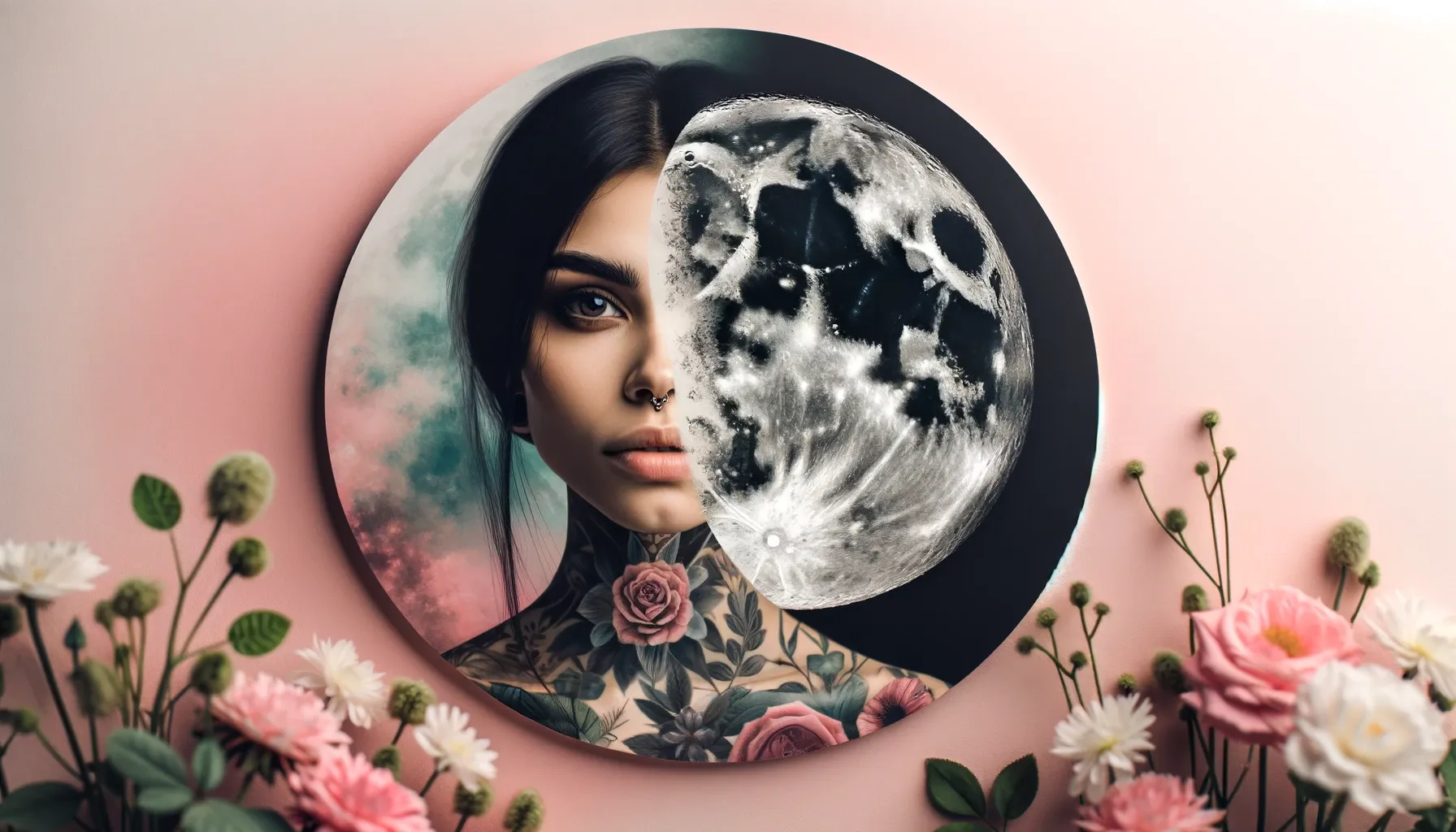 A woman with tattoos is artistically blended in with the Waning Gibbous moon in front of pink and green flowers on a painted image hanging on a wall.
