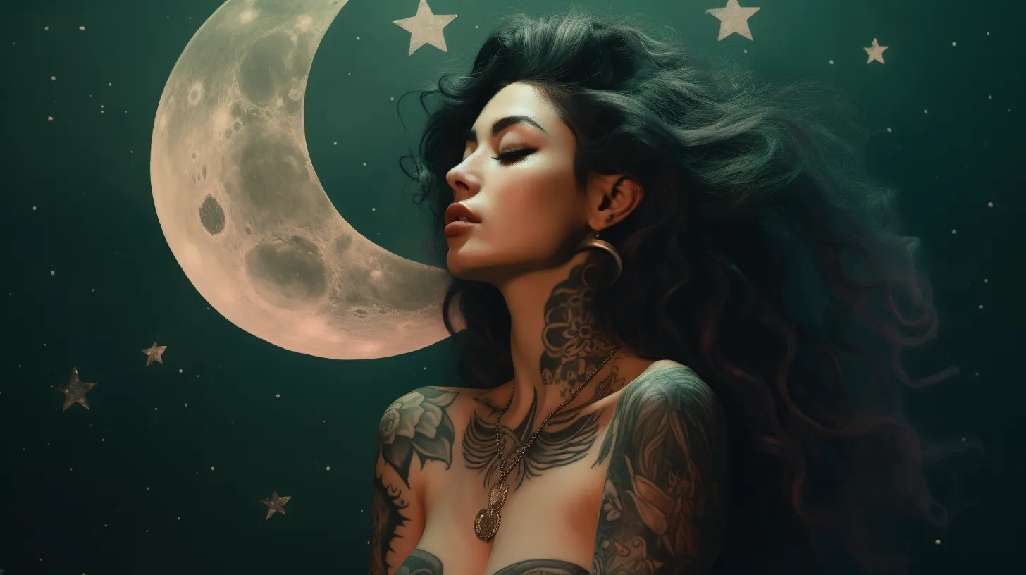 A woman with tattoos is in front of a Waning Gibbous moon among the stars.