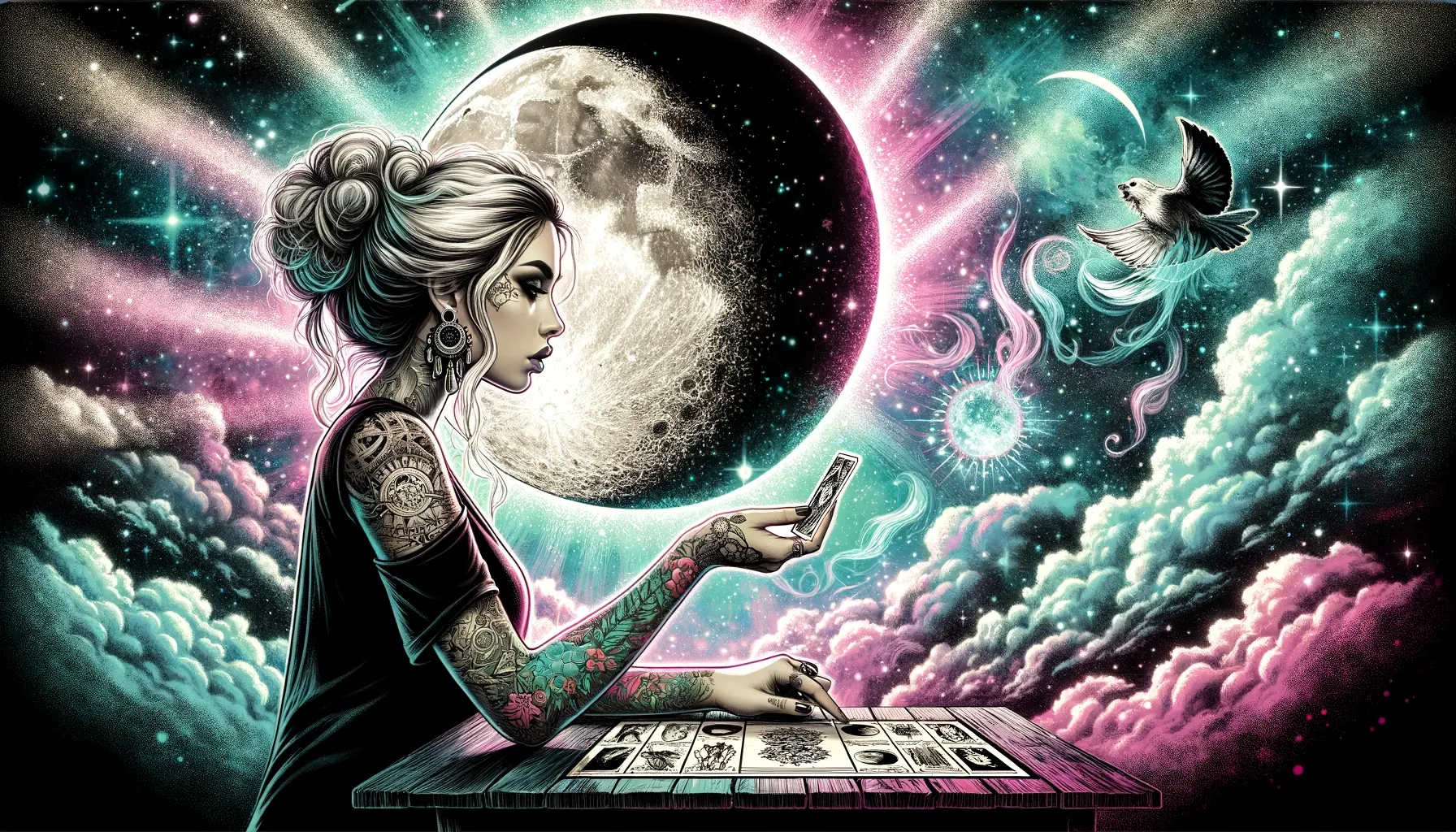 A woman with tattoos is checking a moon chart and holding a card in front of the Waning Gibbous moon.