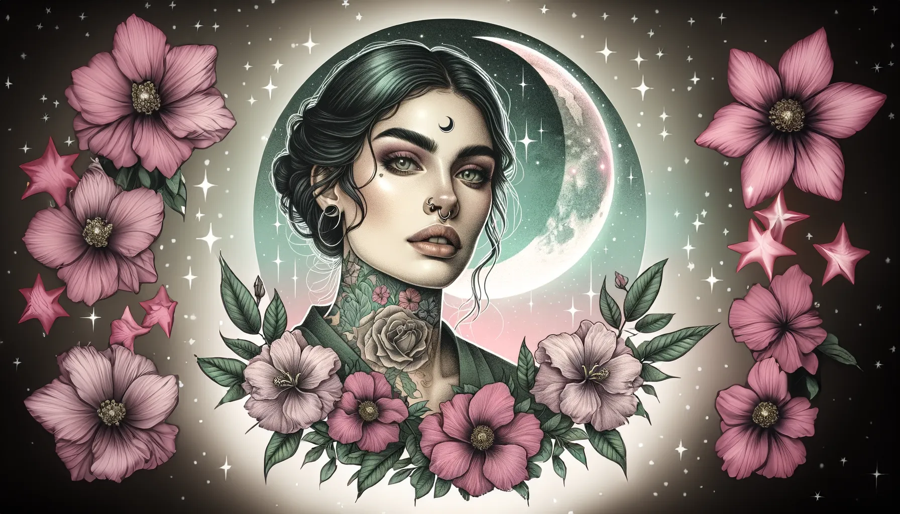 A portrait of a woman with tattoos surrounded by flowers in front of the Waxing Crescent Moon.