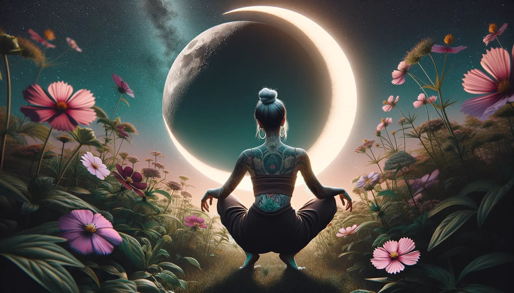 A woman is squatting down in a field of pink and green flowers to admire the Waxing Crescent Moon.