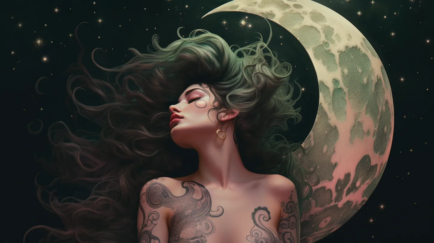 A woman with tattoos is standing in front of a Waxing Gibbous Moon.