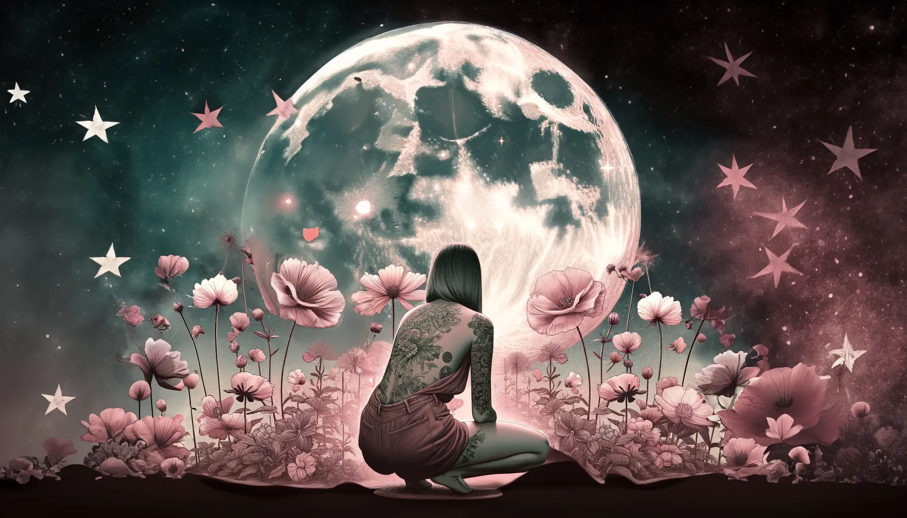 A woman with tattoos is squatting down and admiring the Waxing Gibbous Moon surrounded by pink flowers.