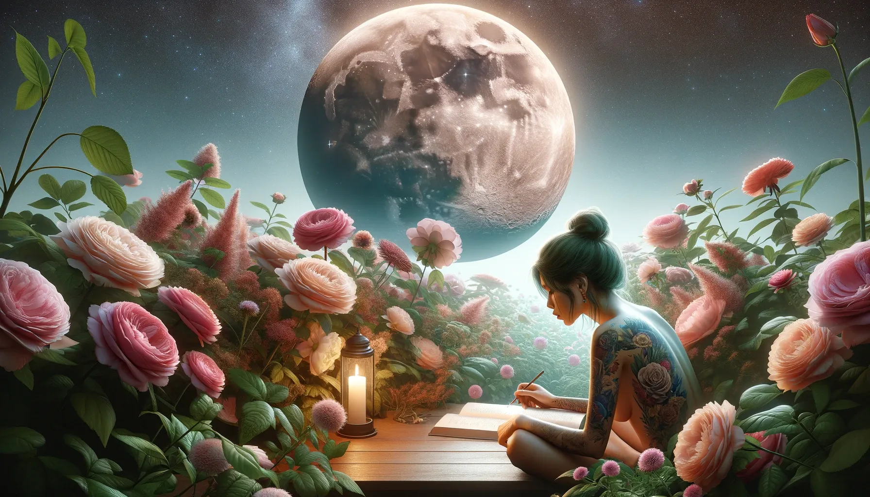 A woman is journaling in a field of flowers that are pink and green in front of the Waxing Gibbous Moon.