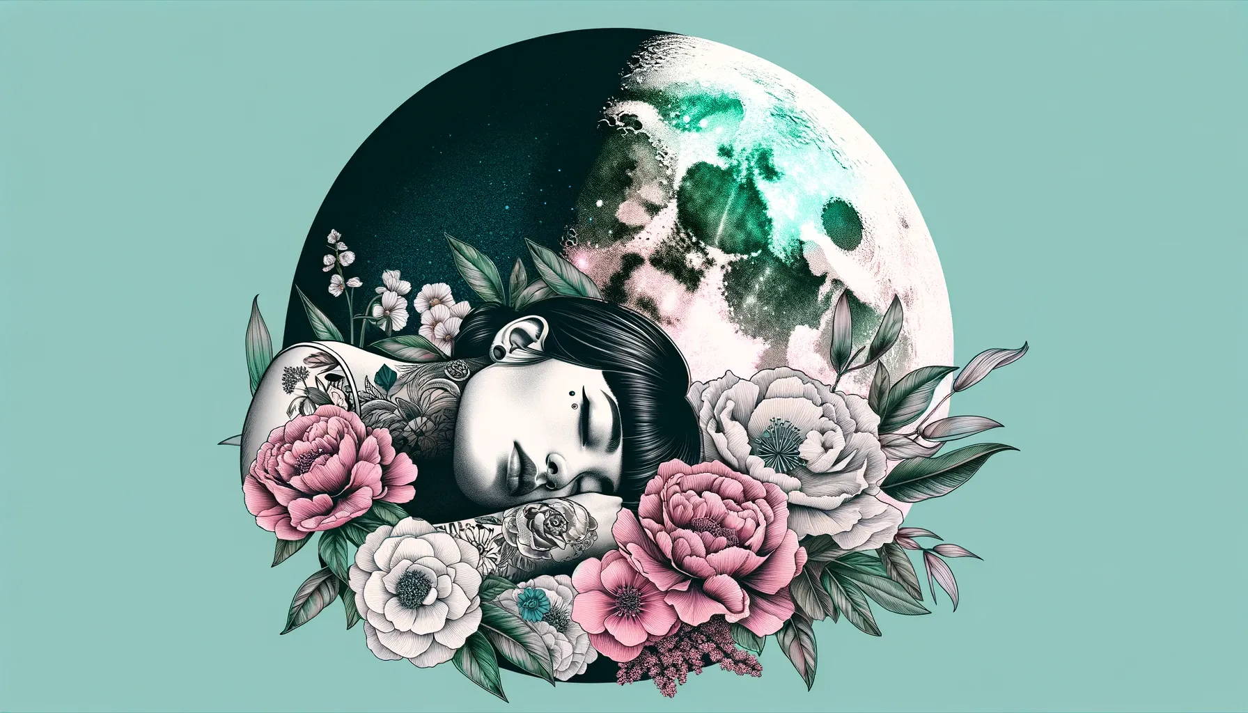 An illustration of a portrait of a woman with tattoos sleeping among flowers in front of the First Quarter Half Moon.