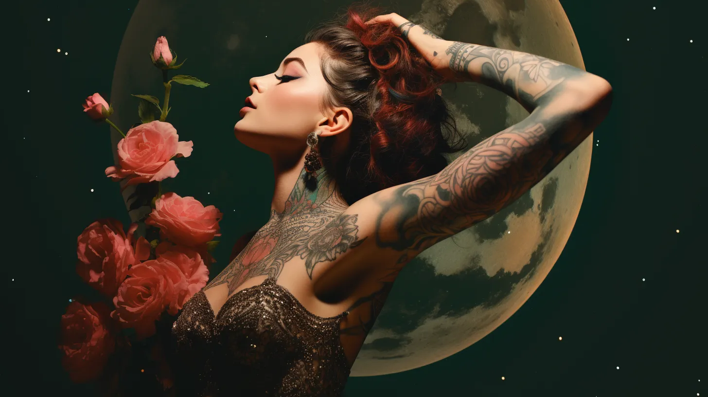 A woman with tattoos is holding flowers in front of the First Quarter Half Moon.