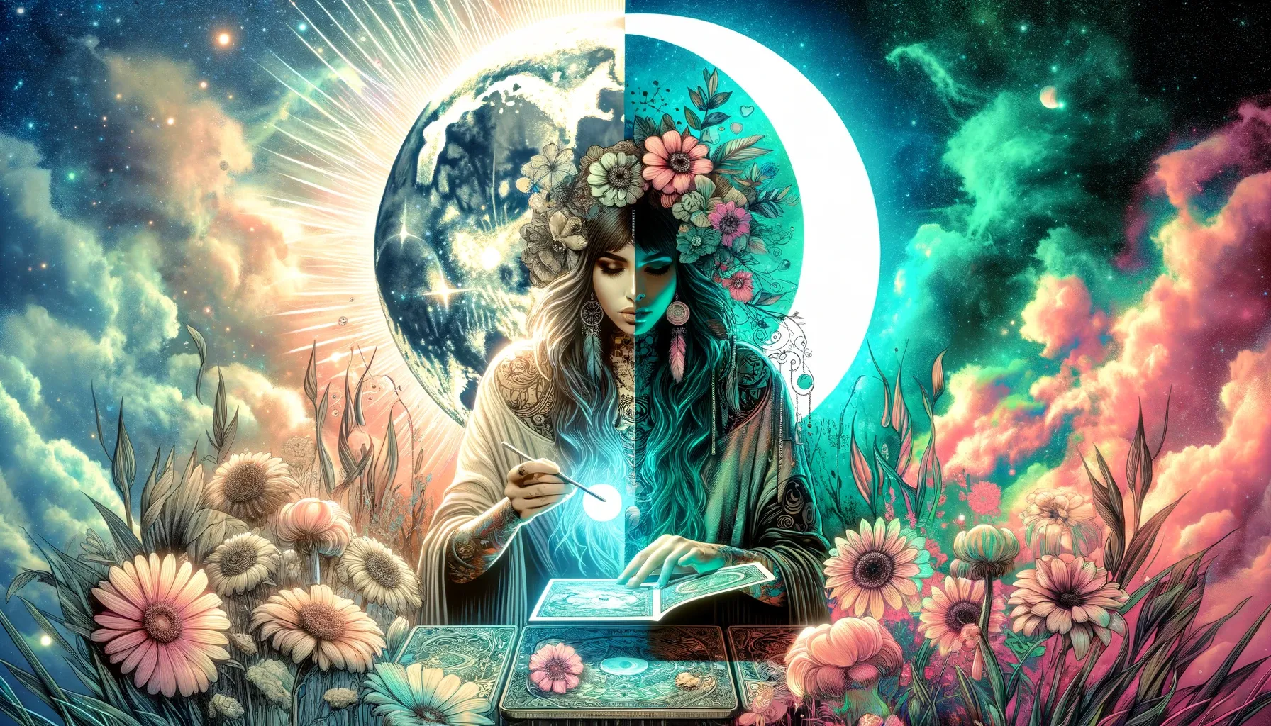 A woman with tattoos is in front of the Third Quarter Half Moon and surrounded by flowers while she holds a light and reads sacred text.