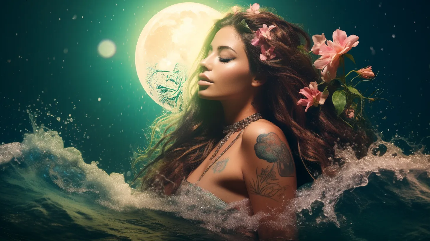A woman with tattoos is splashing in the water in front of the Third Quarter Half Moon.