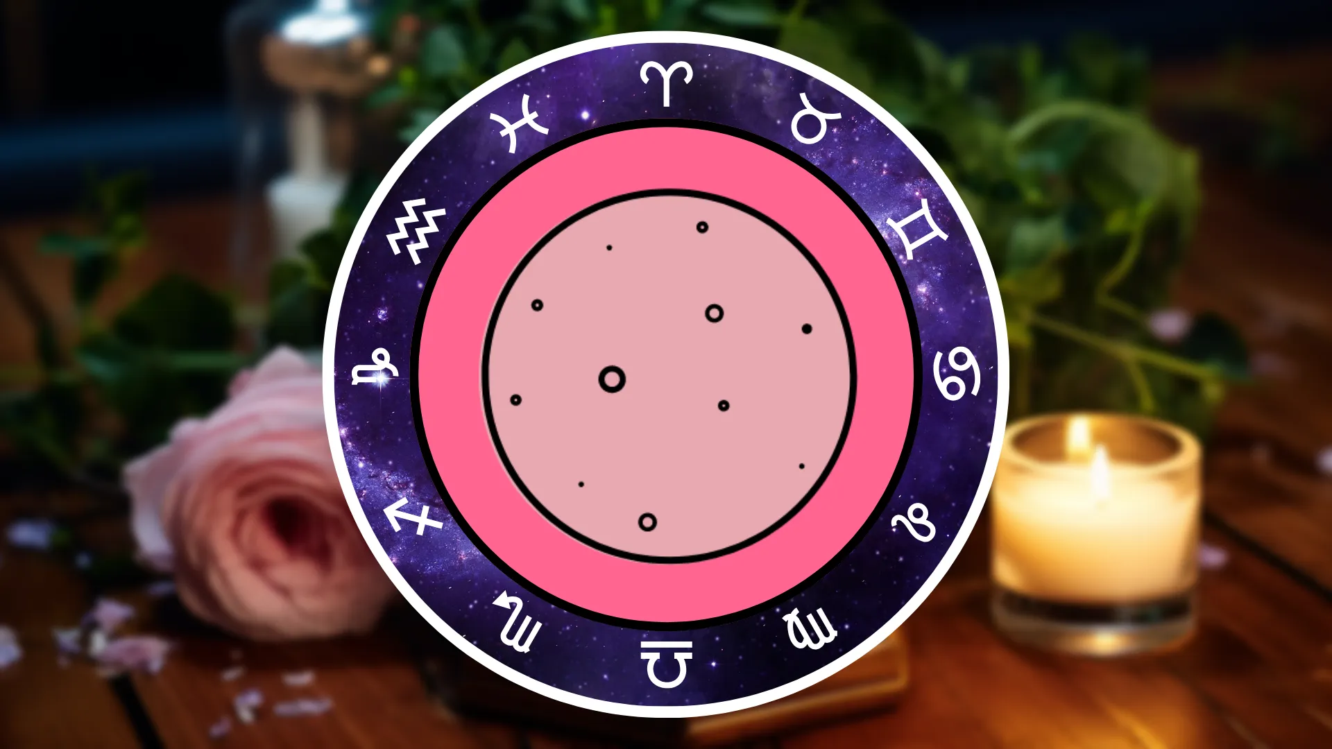 A symbol of a Full Moon is surrounded by the Zodiac signs on a table with flowers and candles