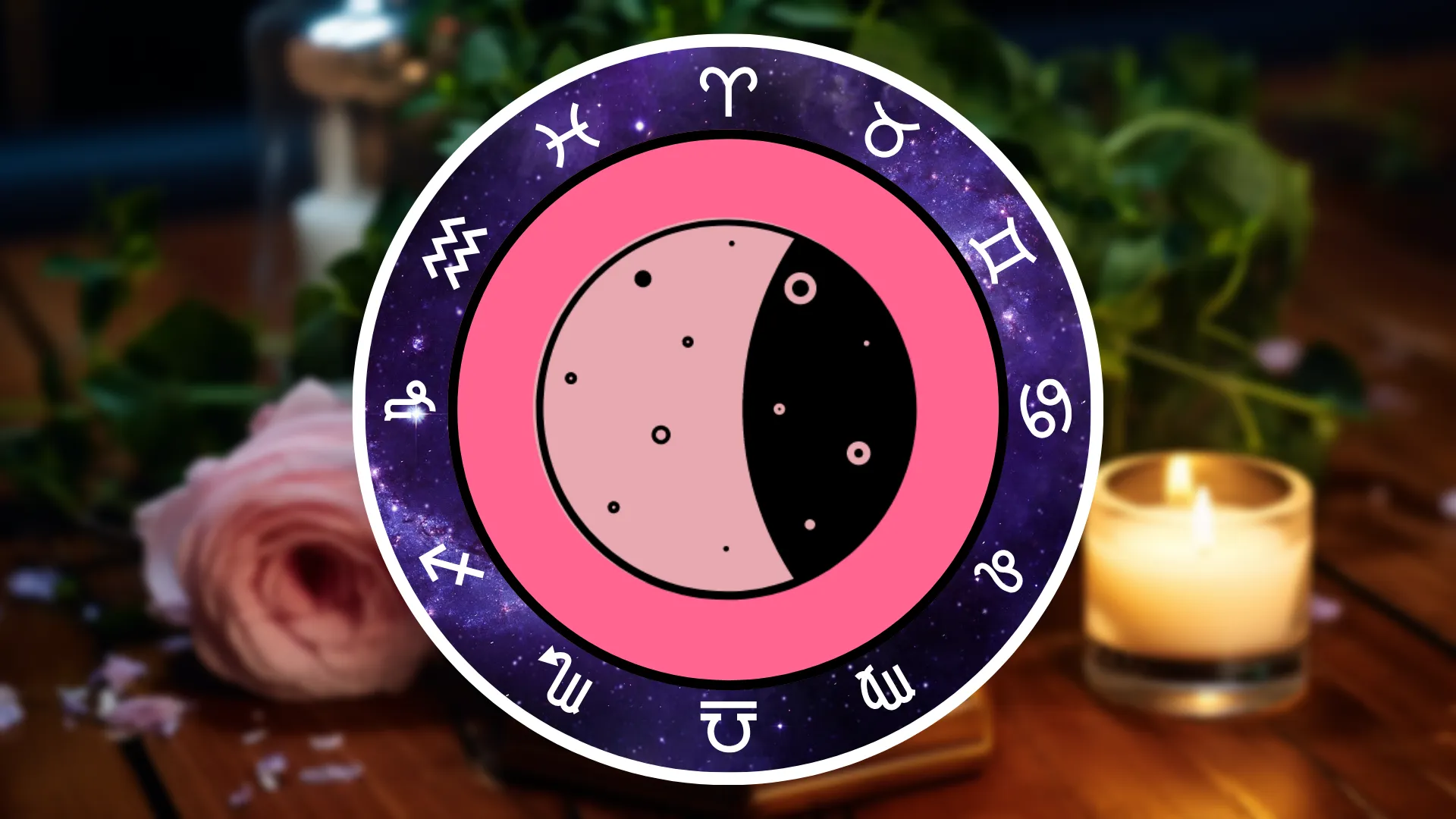 A symbol of a Waning Gibbous Moon is surrounded by the Zodiac signs on a table with flowers and candles