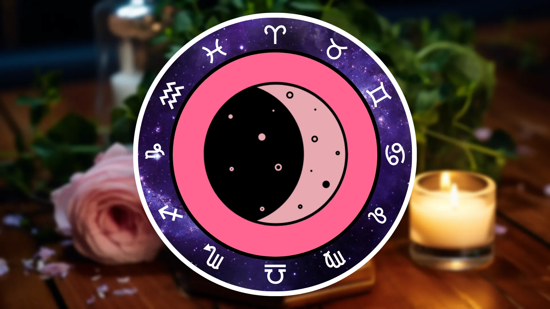 A symbol of a Waxing Crescent Moon is surrounded by the Zodiac signs on a table with flowers and candles