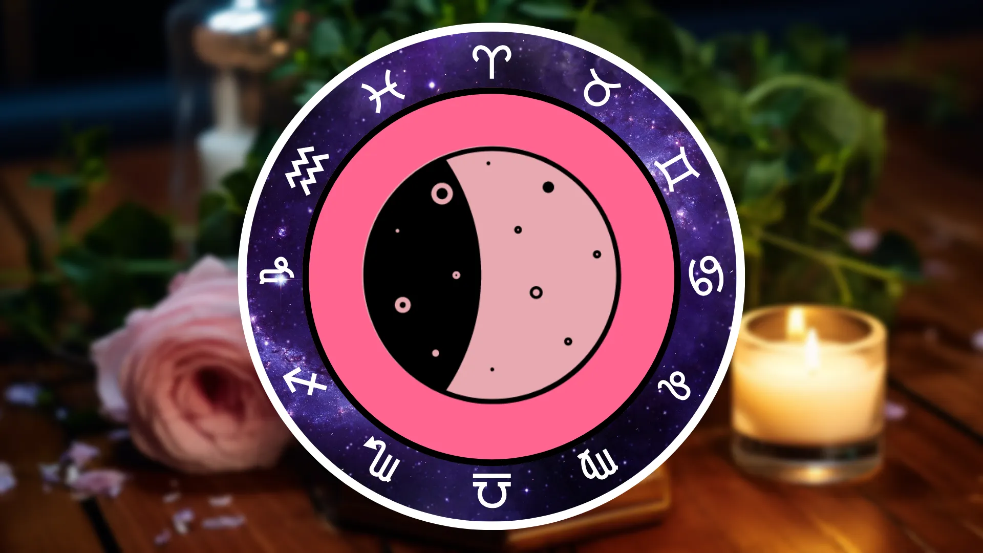 A symbol of a Waxing Gibbous Moon is surrounded by the Zodiac signs on a table with flowers and candles