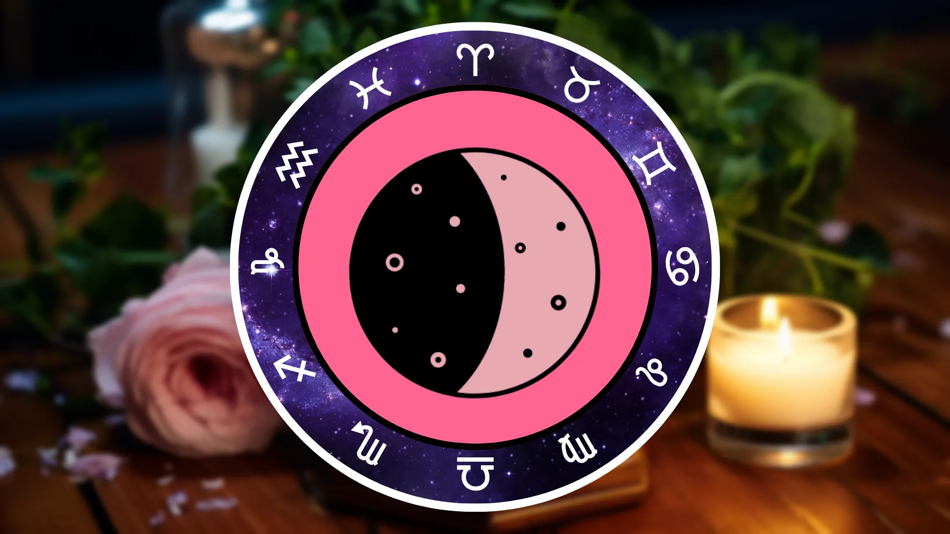 A symbol of a First Quarter Half Moon is surrounded by the Zodiac signs on a table with flowers and candles