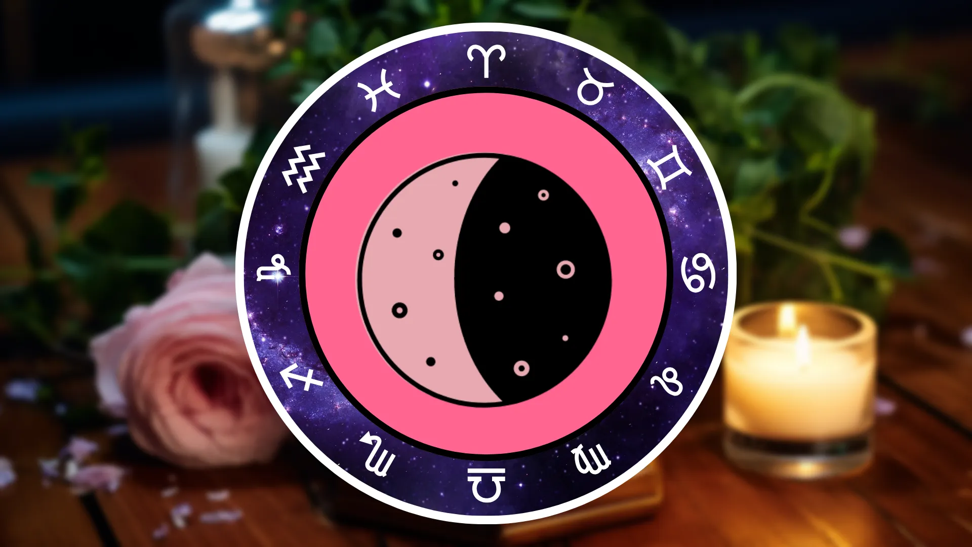 A symbol of a Third Quarter Half Moon is surrounded by the Zodiac signs on a table with flowers and candles