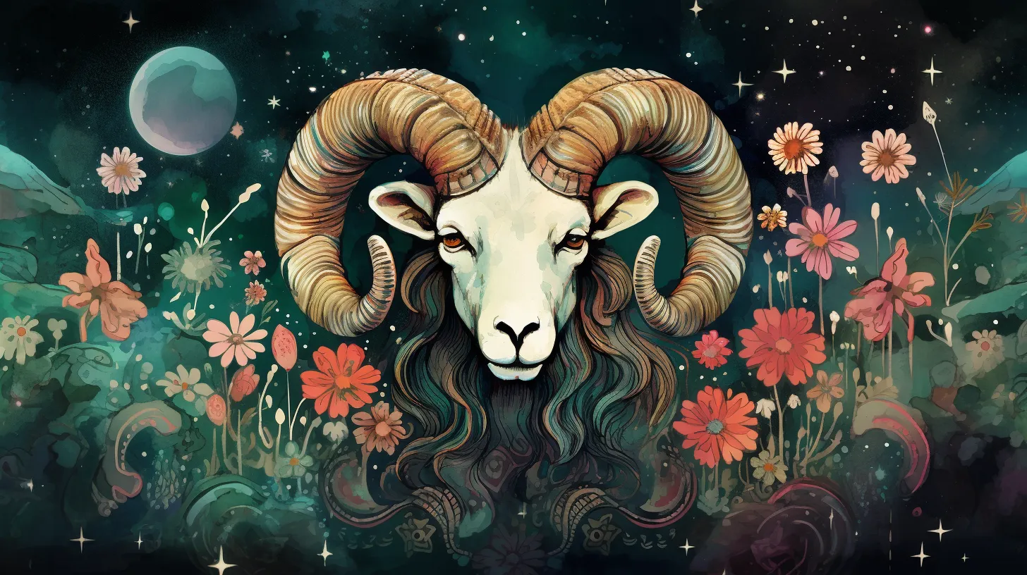 An Aries Ram sits in front of the moon surrounded by flowers