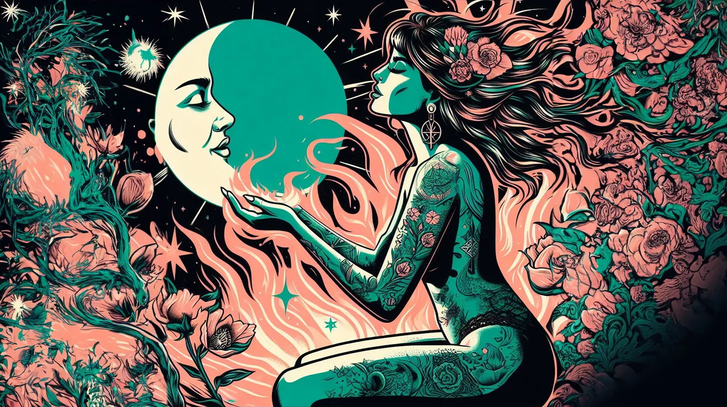 An Aries woman is covered in flames and holding the moon surrounded by pink and green flowers that are bursting with flame.