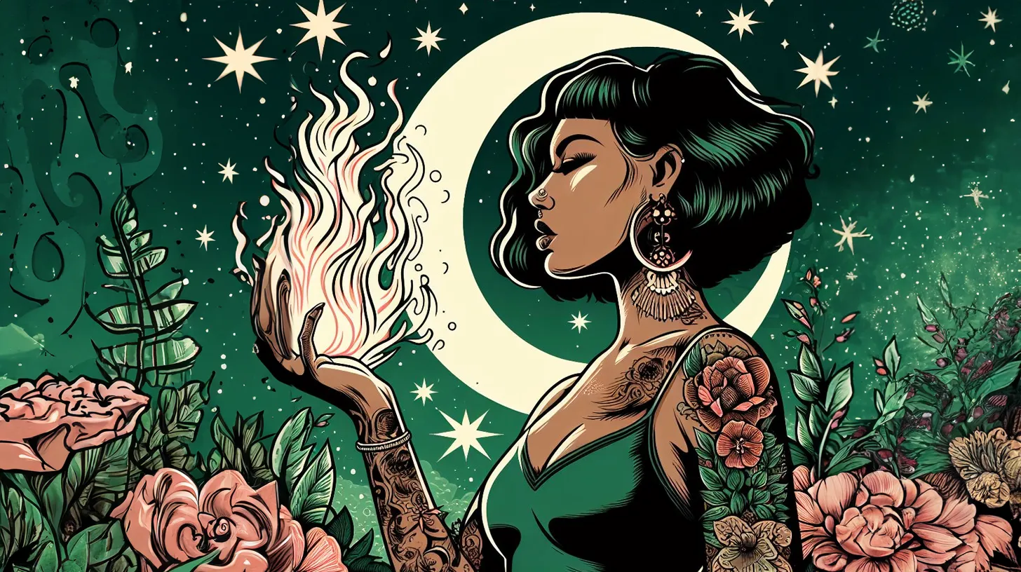 An aries woman with flower tattoos holds flame in her hands while standing under the crescent moon in a field of green and pink flowers.